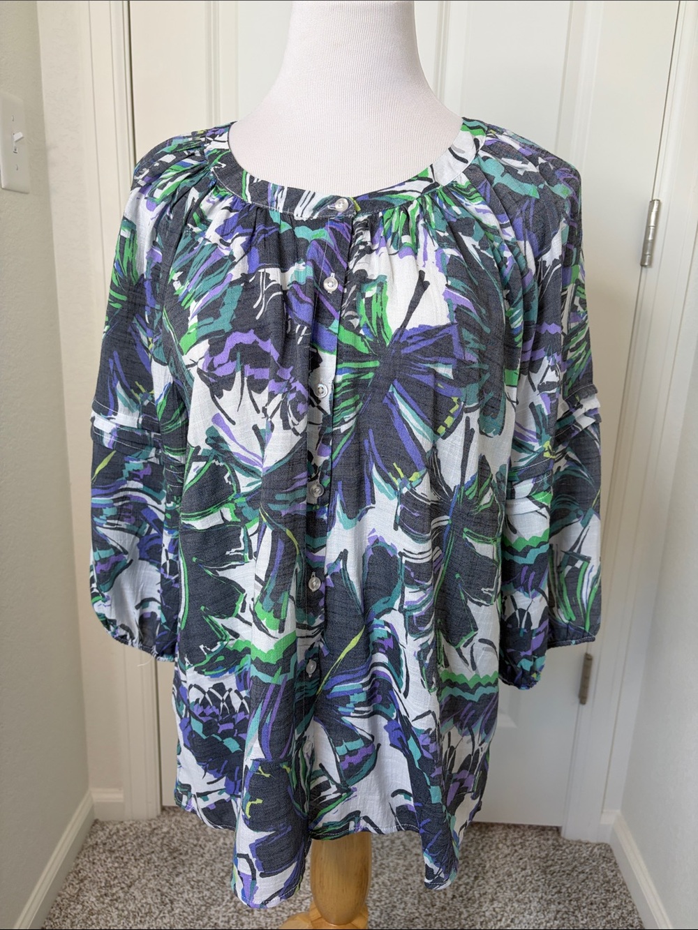 Counterparts Purple Green Abstract Tropical Button Front Blouse Large